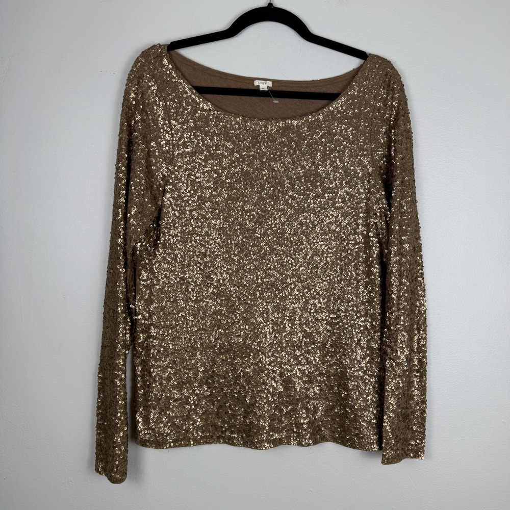 J.Crew Sequin‎ Top Women's Medium Gold Long Sleeve Boat Neck Sparkle Partywear